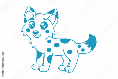 Cute cartoon blue spotted dog character stands smiling on a clean, plain background