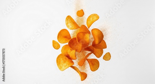 Potato chips with seasoning sprinkled on a white background