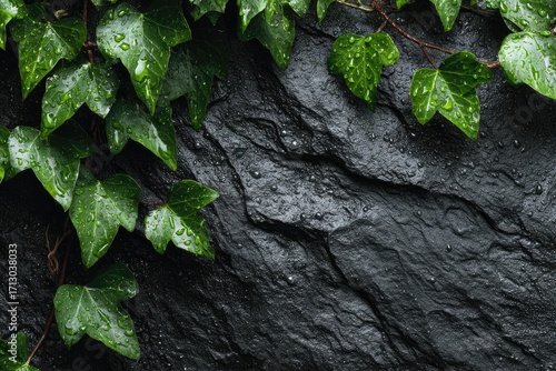 Ivy clinging to dark stone, wet leaves