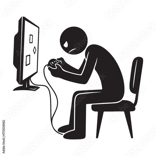 Silhouette of a Frustrated Gamer Playing a Video Game on a Monitor