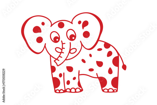 Cute cartoon elephant adorned with red polka dots stands on a white background