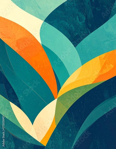 Abstract design with layered, vibrant, curved shapes in teal, orange, and yellow