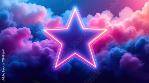 Bright neon star shines against a backdrop of colorful clouds at twilight