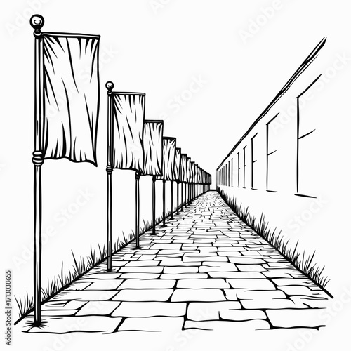 sketch of a pathway lined with flags
