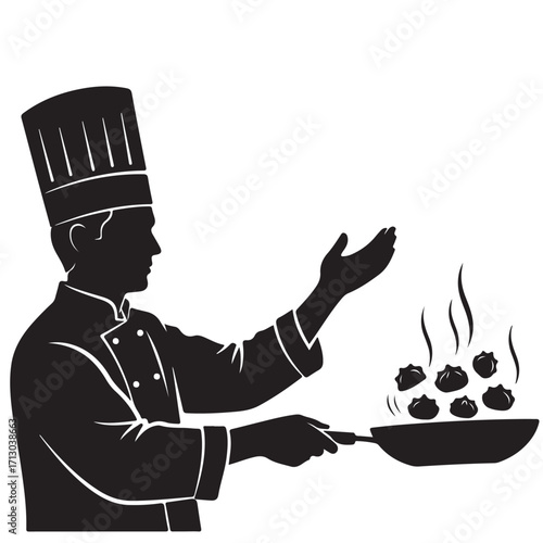 Professional Chef Cooking Steaming Food in Frying Pan Silhouette Illustration