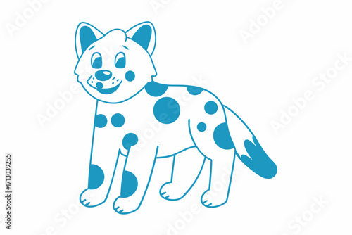 Cute cartoon hyena with blue spots and outline looks cheerfully at you
