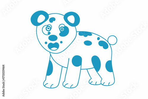 Cute cartoon panda cub with turquoise outline and circular markings stands cheerfully