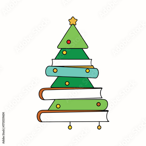 Creative Christmas Tree Made of Stacked Books with Ornaments and Star Vector illustration