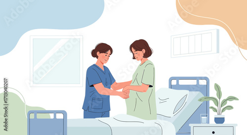 A compassionate nurse supporting a pregnant woman in a calm hospital setting creating a caring and