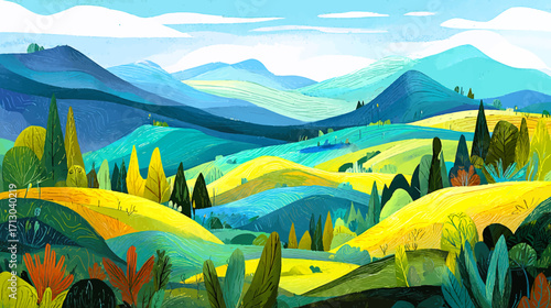 Victor cartoon Colorful landscape illustration of rolling hills and lush greenery with stylized trees and layered mountains