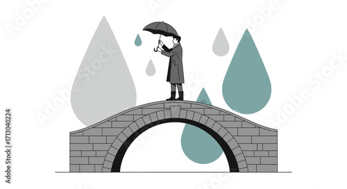 A contemplative moment on a stone bridge in the rain showcasing minimalist aesthetics