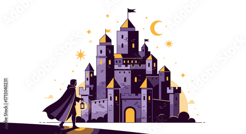 A cloaked figure approaches a majestic castle under the moonlight fantasy illustration
