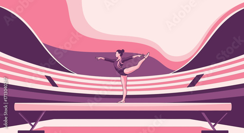 A dynamic illustration of a gymnast performing on a balance beam gracefully with pink shades