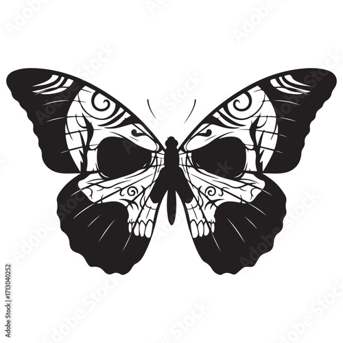 Black and White Butterfly Skull Motif Graphic Illustration