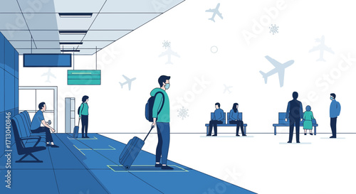 Airport scene with travelers practicing social distancing and wearing face masks during pandemic