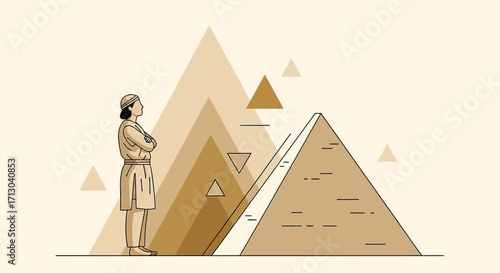 Ancient Egyptian pyramids illustration with a man contemplating the landscape of giza