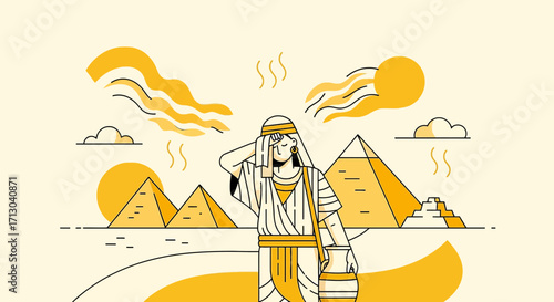 Ancient Egyptian traveler feeling the heat of the desert sun near the pyramids minimal art