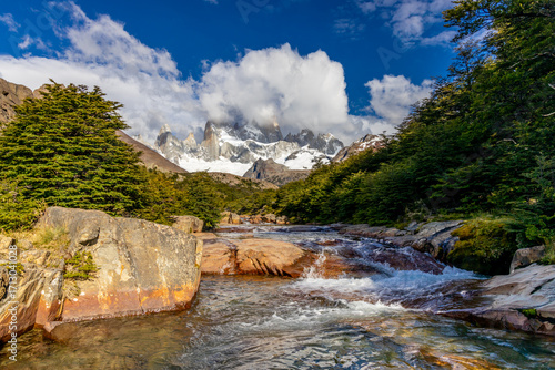 Patagonia mountain landscape. National parks of Chile and Argentina in South America scenic mountain summits view. Rocky granite peaks and glaciers in Patagonia Andes on a sunny day in summer