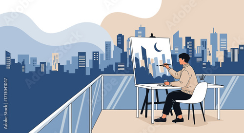 Artist creates a city painting on a balcony overlooking the real urban skyline background with