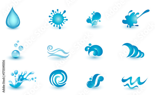 Set of Blue Water Icons and Splash Symbols in Vector Style