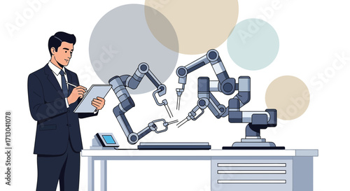Automation and oversight in a modern factory setting with robotic arms and human supervisor