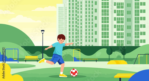 Boy Playing Football in City Park Illustration, promoting active childhood and outdoor activities