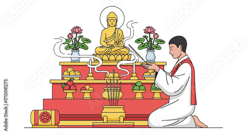 Buddhist Ritual Illustration: A Man Offering Incense to a Buddha Statue with Offerings Displayed