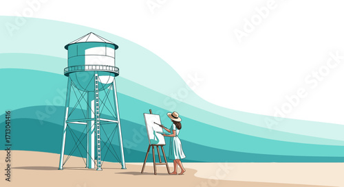 Captivating scene of a woman painting a water tower by the coast on a sunny day artistic view