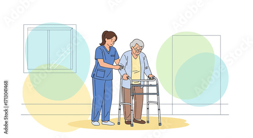 Caring nurse helping elderly woman with walker in assisted living facility illustration