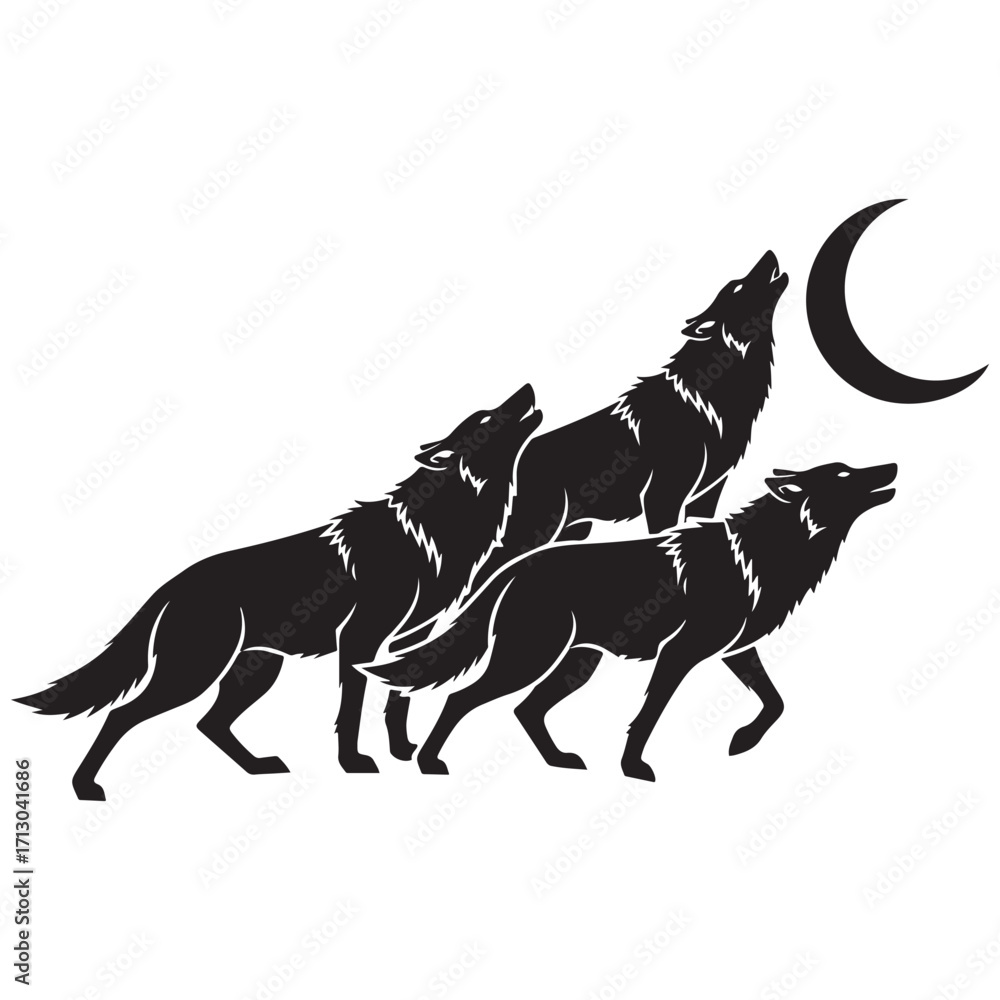 Fototapeta premium Three Black Wolf Silhouettes Howling at a Crescent Moon on a White Background