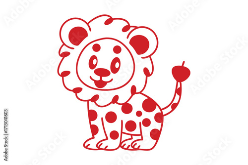 Cute lion cub with red polka dots and puffy mane poses on white background