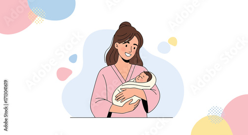 Charming illustration of a young mother tenderly holding her newborn baby wrapped in a blanket