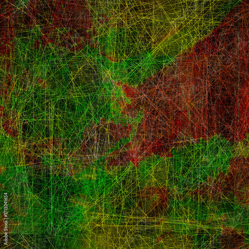 Photos Tense mesh of crimson and sap‑green planes intersected by ruler‑straight filaments
