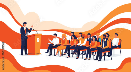 Confident speaker presenting to an attentive audience at a business conference or seminar