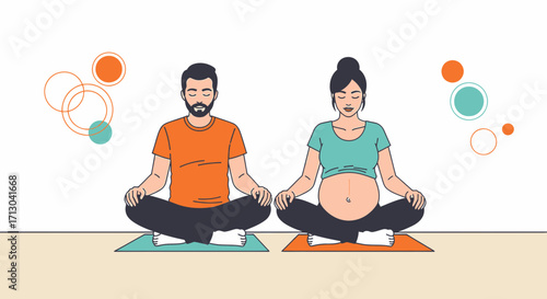 Couple practicing prenatal yoga together for healthy lifestyle and wellness