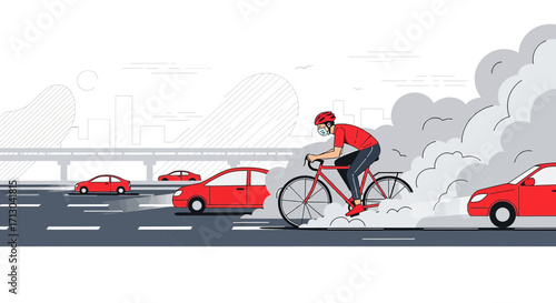 Cyclist wearing mask riding in polluted city to reduce carbon footprint emission