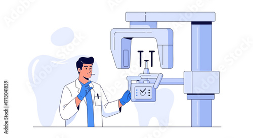 Dental professional operating a modern x-ray machine, ensuring patient care and accurate diagnosis