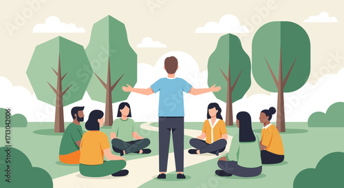 Diverse group in a meditation circle outdoors guided by an instructor fostering wellbeing