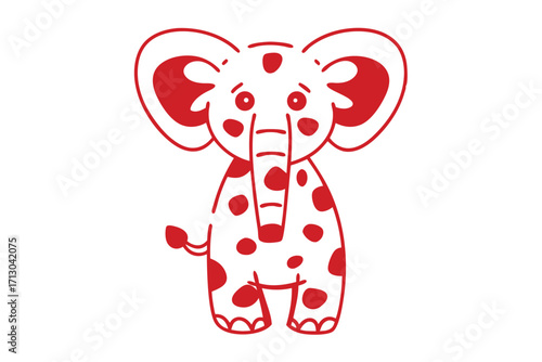 Cute red dotted elephant stands upright in a simple outlined animal portrayal