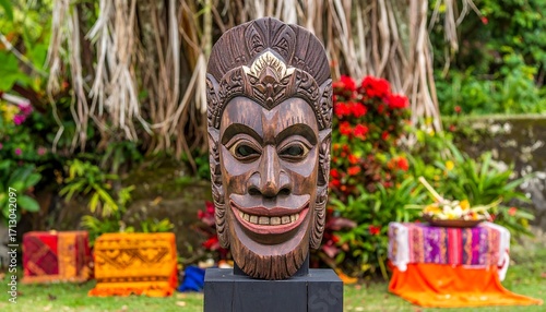 Wooden mask in garden setting