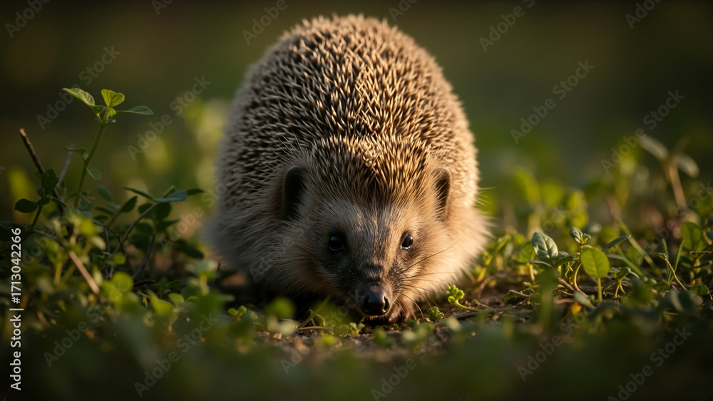 Fototapeta premium Cute European hedgehog in green grass at sunset. Close-up of a wild spiny mammal foraging in a meadow.