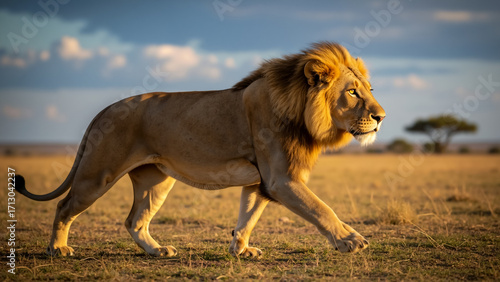 Wallpaper Mural Majestic male lion walking across the African savanna at sunset. Side profile of a powerful big cat in its natural habitat. World Lion Day. Concept of majestic power. Torontodigital.ca