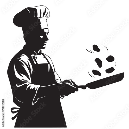 Dynamic Silhouette of Chef Tossing Food in Frying Pan