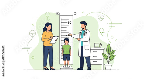 Doctor measuring child height with assistant, healthcare illustration for children's health check