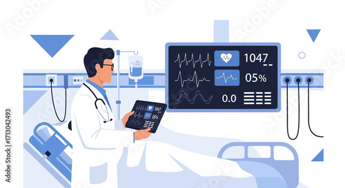 Doctor monitoring patient's vital signs in hospital using digital technology system