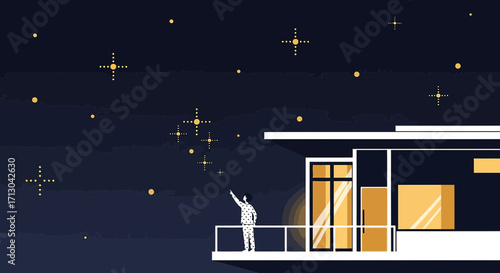 Dreamy night scene with a person gazing at stars from a modern balcony evoking peace