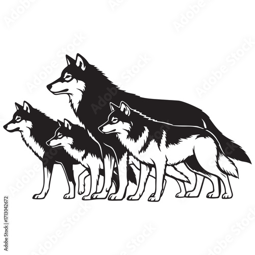 Stylized Black and White Wolf Pack Illustration on White Background