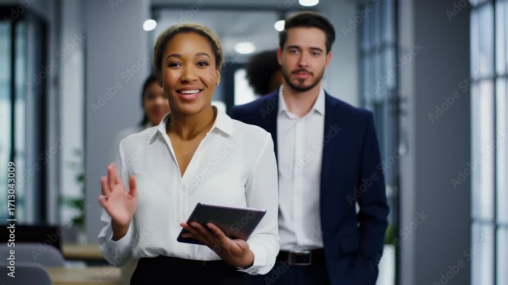 Confident businesswoman uses tablet, colleague behind Confident businesswoman uses tablet, colleague behind