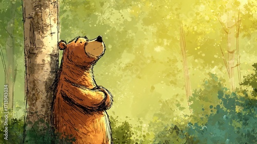 Brown bear leaning against a tree in the forest illustration