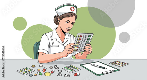 Detailed illustration of a nurse carefully examining medication and prescription details